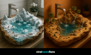 A collection of fantasy-themed sinks including tropical, polar, desert, and woodland designs for creative bathroom interiors.