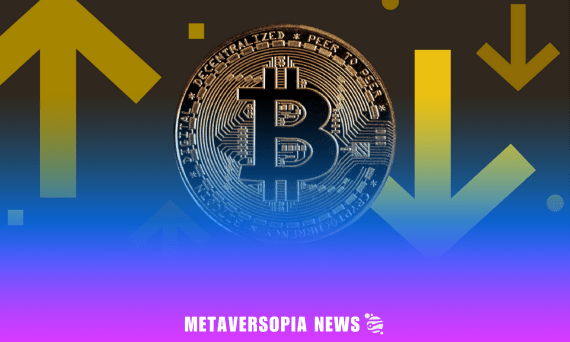 Bitcoin coin with up and down arrows symbolising market trends, featured in Metaversopia News
