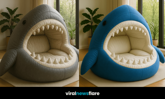 A collection of colourful shark armchairs in grey, blue, orange, and purple designs for modern interiors.
