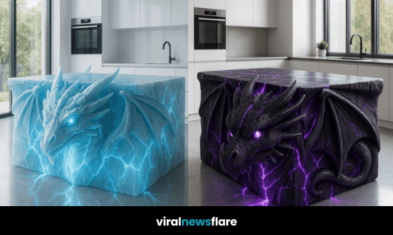 Collection of dragon kitchen islands featuring icy, golden, shadow, and fiery designs as statement kitchen centrepieces.