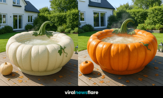 Selection of colourful pumpkin hot tubs in a garden setting