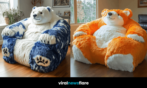 Oversized blue bear armchair and oversized orange bear armchair shown together in a living room.