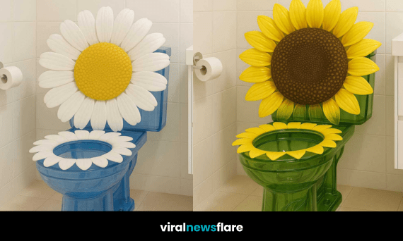 Collection of novelty floral toilets including sunflower, rose, and daisy-inspired designs