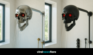 A dramatic skull-shaped shower head with glowing eyes, adding gothic style to a modern bathroom.
