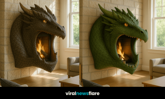 Large sculpted dragon head fireplace as a dramatic centrepiece in a modern living room