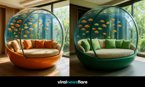 Collection of luxury aquarium lounger pods in blue, pink, green, and orange designs with tropical fish.