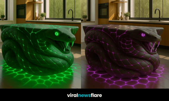 Artistic snake kitchen island glowing with dramatic light, serving as bold statement piece in luxury kitchen.