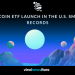 Illustration showing Dogecoin ETF launch announcement with cosmic background and planets, highlighting record-breaking U.S. debut.