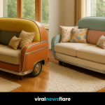 Retro car-inspired sofa with pastel pink and mint green design, styled in a bright living room.