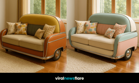 Retro car-inspired sofa with pastel pink and mint green design, styled in a bright living room.