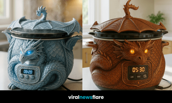 Collection of dragon-themed slow cookers in black, green, copper, and frostbite blue designs.