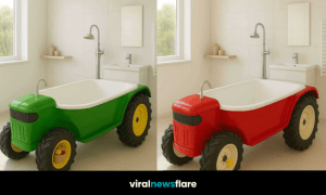 A colourful tractor bathtub as the centrepiece of a modern tiled bathroom interior.