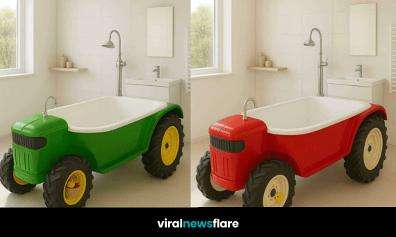 A colourful tractor bathtub as the centrepiece of a modern tiled bathroom interior.