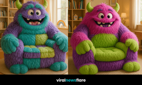 Oversized colourful monster hug chair in a bright family room