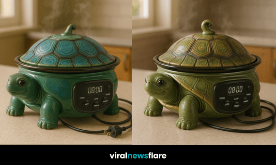 Alt: A set of colourful turtle-shaped slow cookers in brown, green, teal, and purple designs.