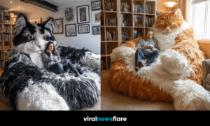 Collection of oversized cat armchairs in purple, ginger, pink, and black designs.