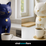 Collection of cat coffee machines in purple, white, navy, and green designs on kitchen countertops.