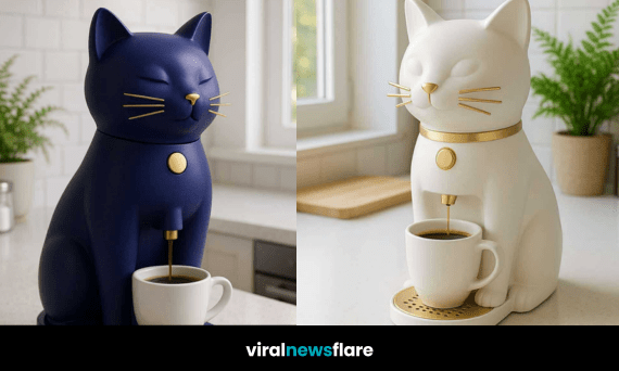 Collection of cat coffee machines in purple, white, navy, and green designs on kitchen countertops.
