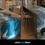 Collection of modern cat waterfall kitchen islands blending nature and whimsical design