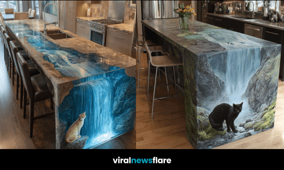 Collection of modern cat waterfall kitchen islands blending nature and whimsical design