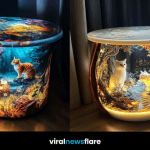 Collection of glowing fantasy cat-themed coffee tables with woodland and enchanted designs.