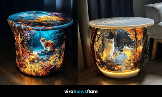 Collection of glowing fantasy cat-themed coffee tables with woodland and enchanted designs.