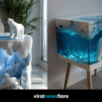 A collection of artistic polar bear-themed tables and furniture with glowing Arctic scenes