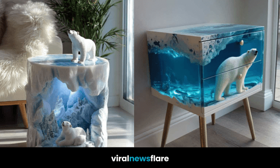 A collection of artistic polar bear-themed tables and furniture with glowing Arctic scenes