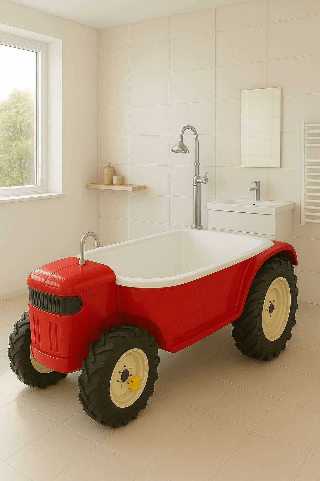 A bold red tractor-shaped bathtub with large wheels in a bright tiled bathroom.