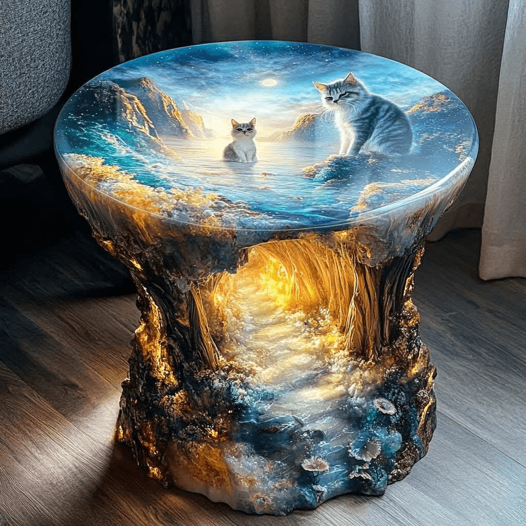 Illuminated fantasy coffee table with cats by a glowing waterfall scene.