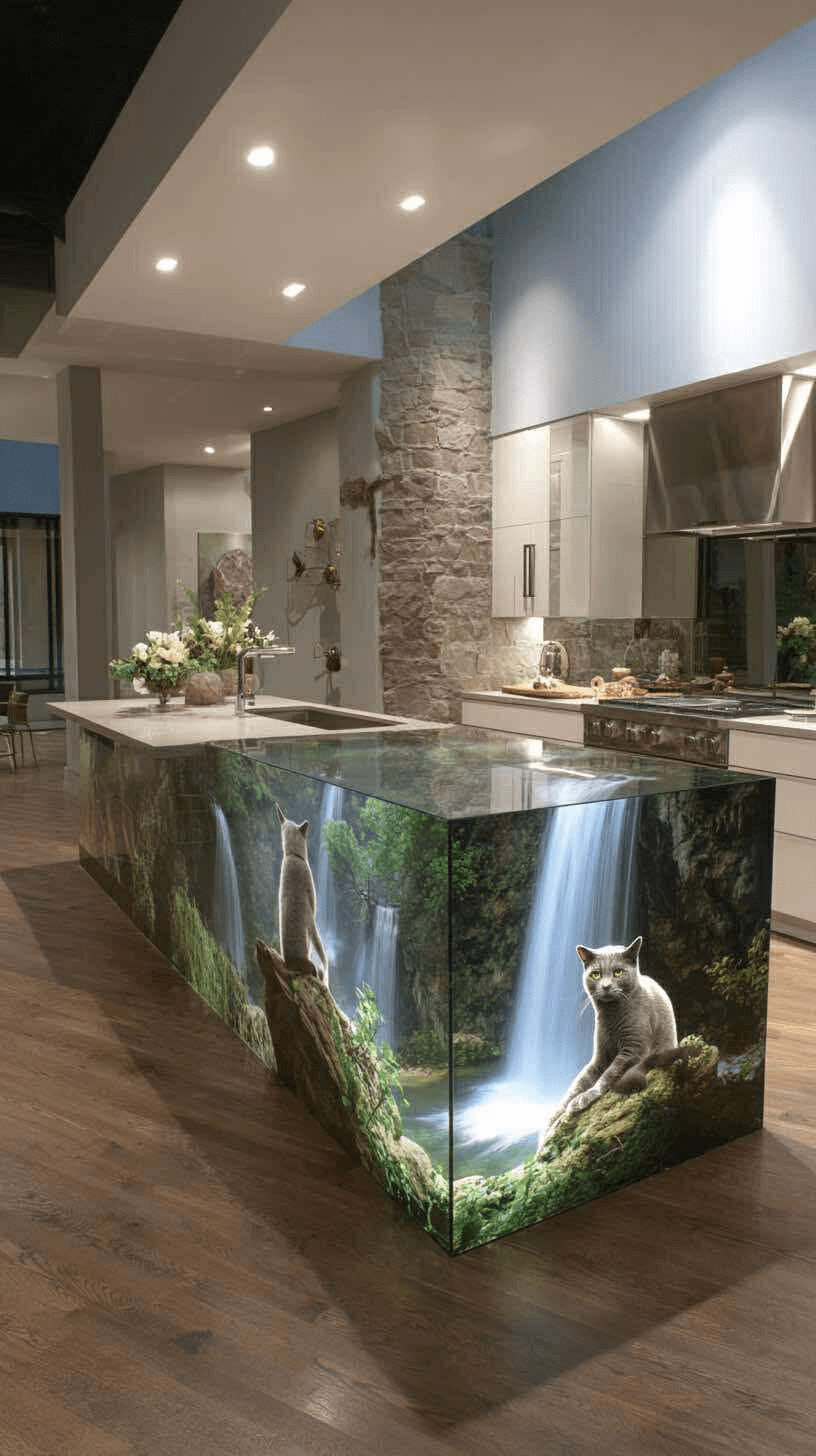 Modern kitchen island featuring waterfall illusion with cats in a forest setting.