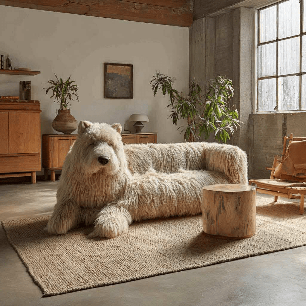 Large cream dog-shaped sofa with fur-like upholstery in a rustic interior with natural wood furniture.