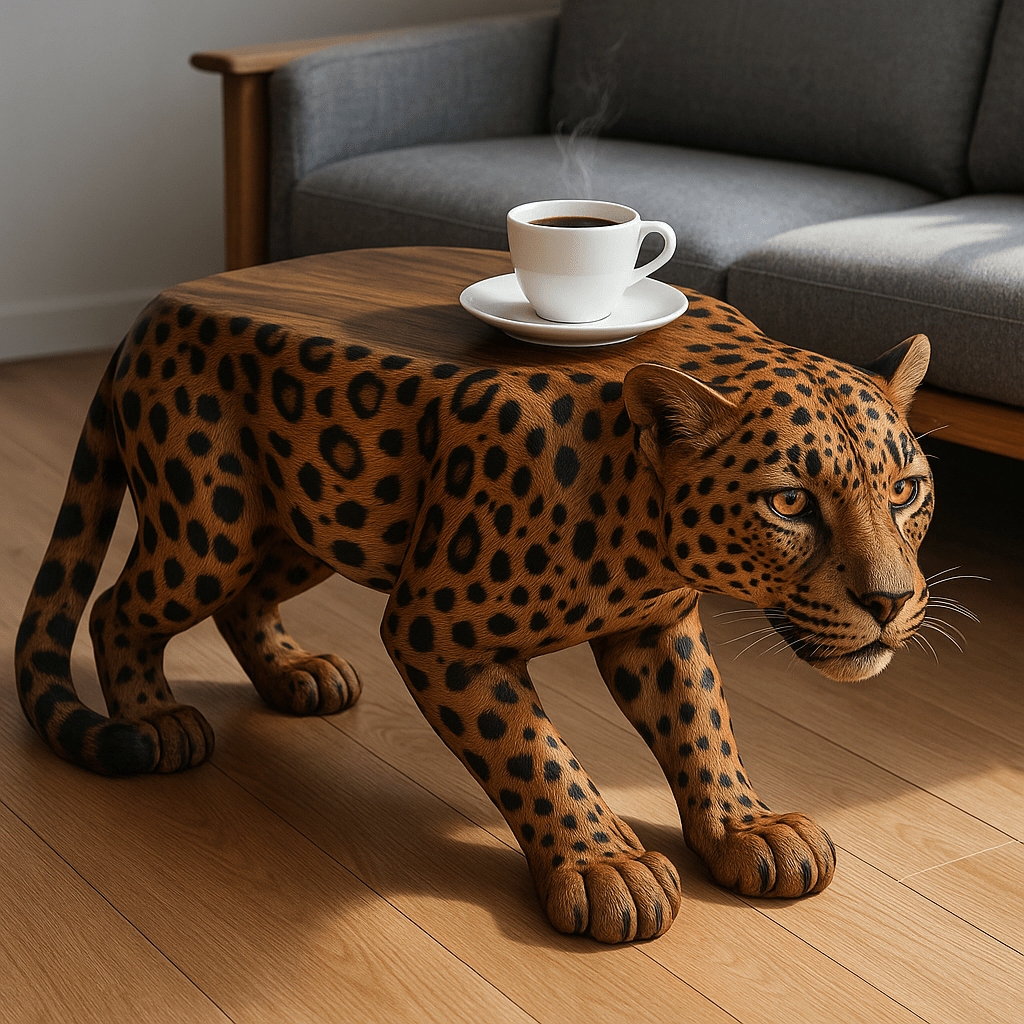 Wooden leopard coffee table featuring realistic spots and a steaming cup of coffee.