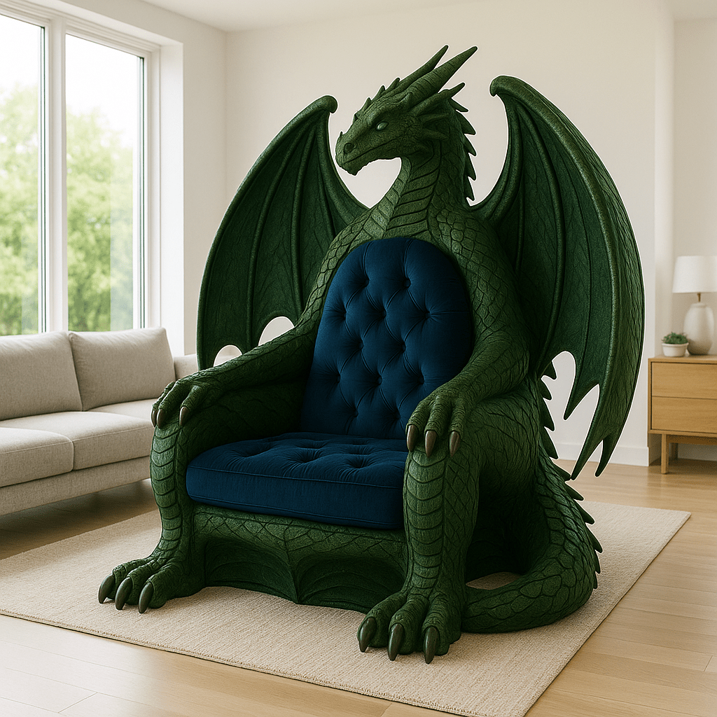 Majestic green dragon throne chair featuring navy blue tufted upholstery and glowing green eyes in a bright home interior.