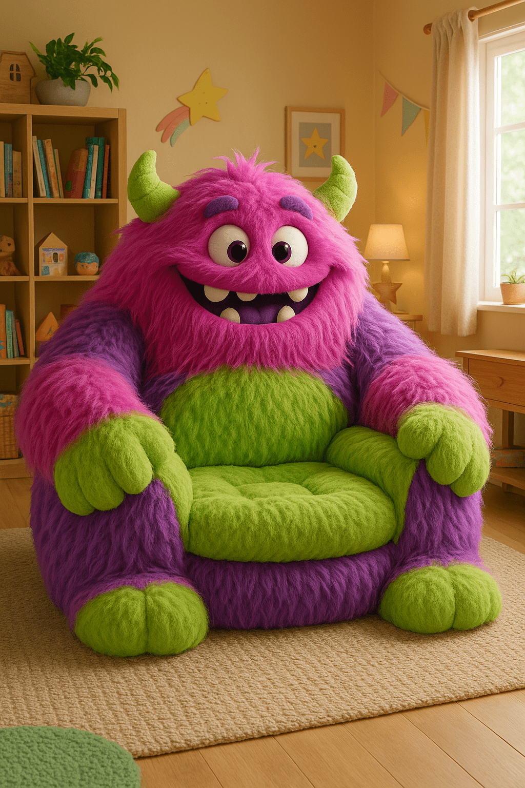 Bright pink and lime green monster hug chair with cheerful design