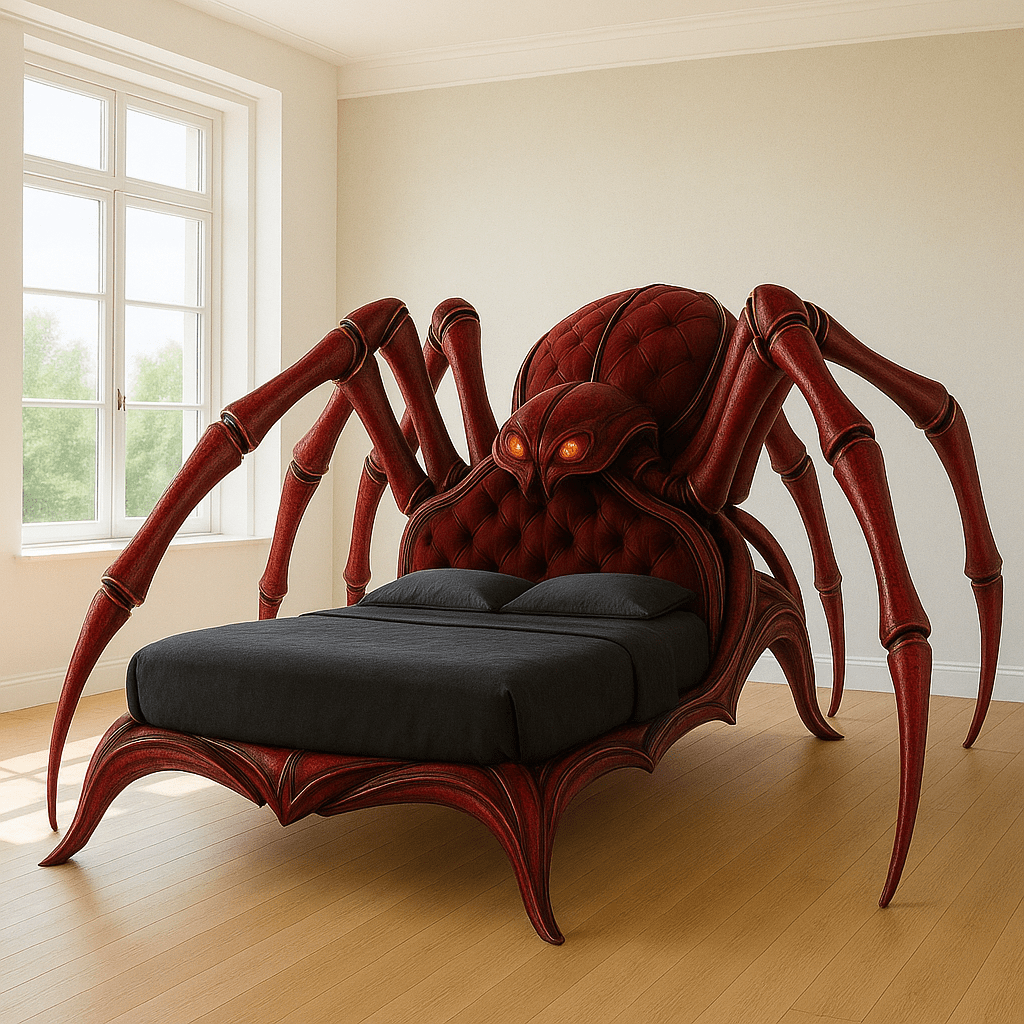 Bold crimson red spider-inspired bed with glowing eyes and plush upholstery