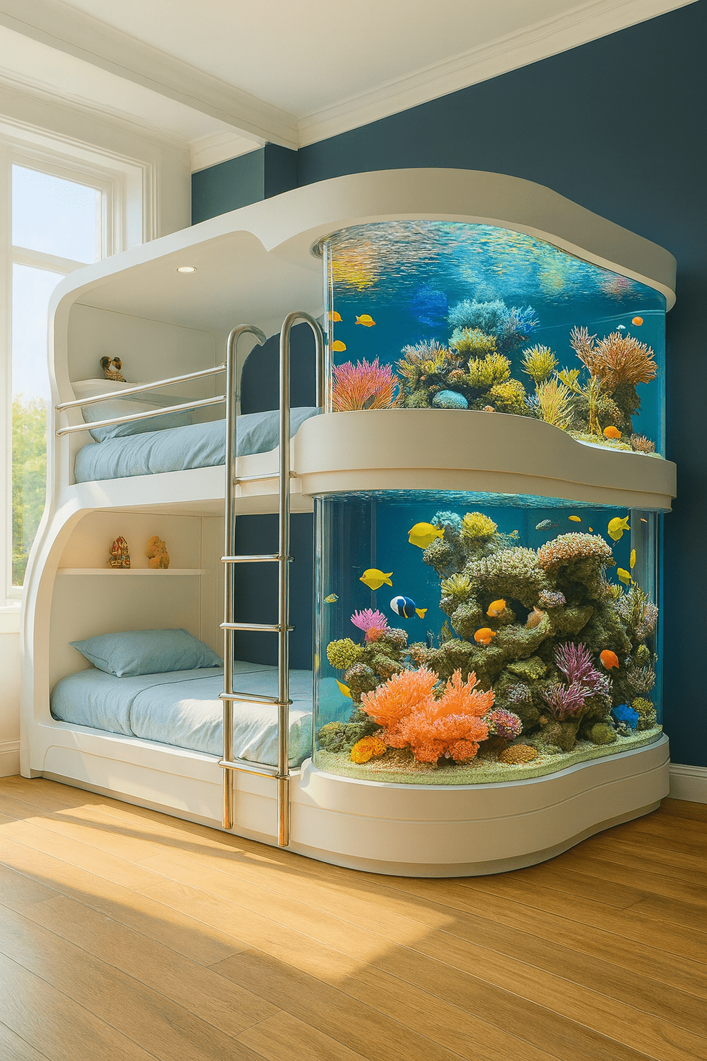 Elegant white bunk bed with a built-in aquarium containing tropical coral and fish.