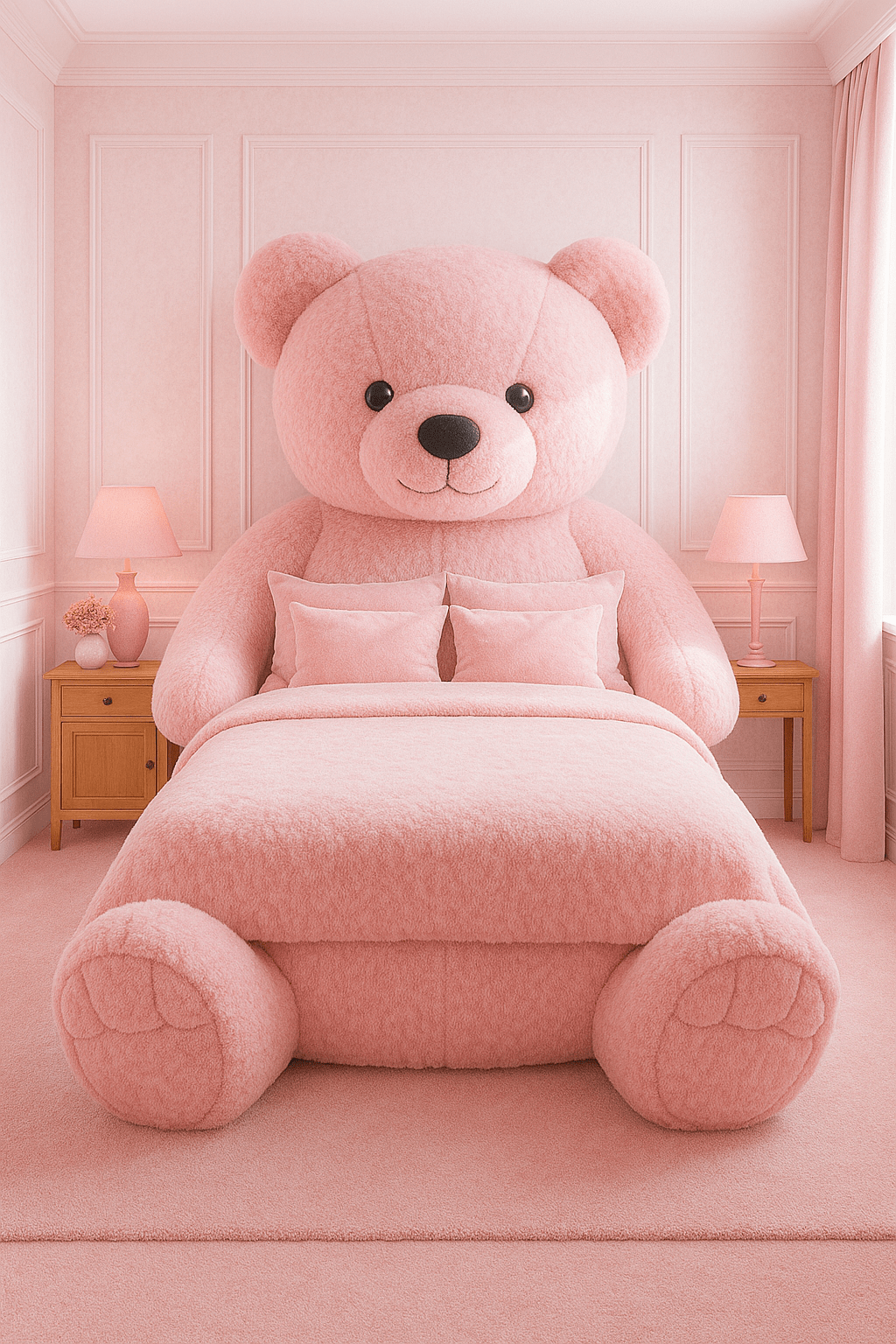 A pink oversized bed styled with blush tones and warm lighting in a cosy bedroom.