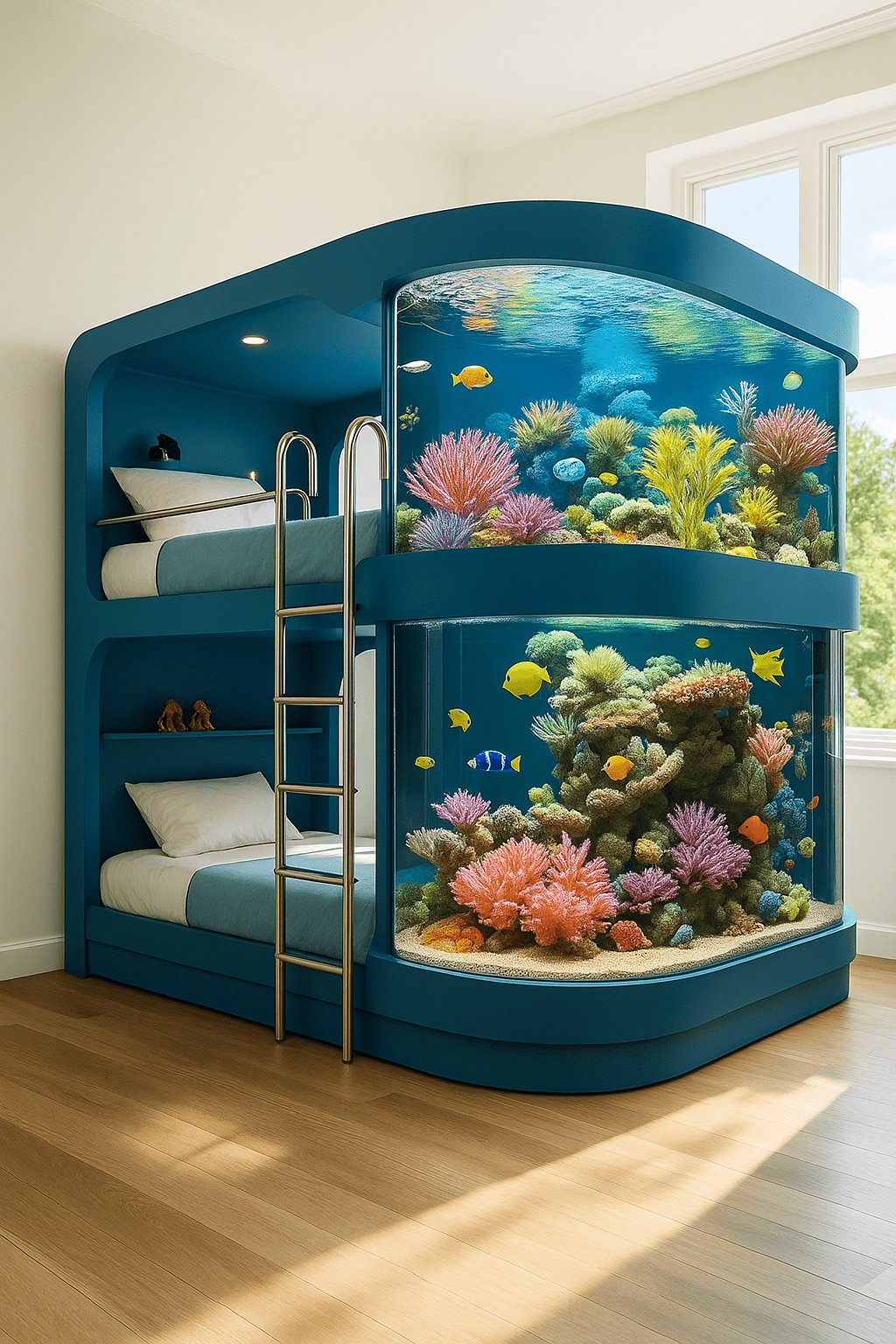 Deep blue bunk bed featuring a built-in aquarium full of colourful coral and exotic fish.