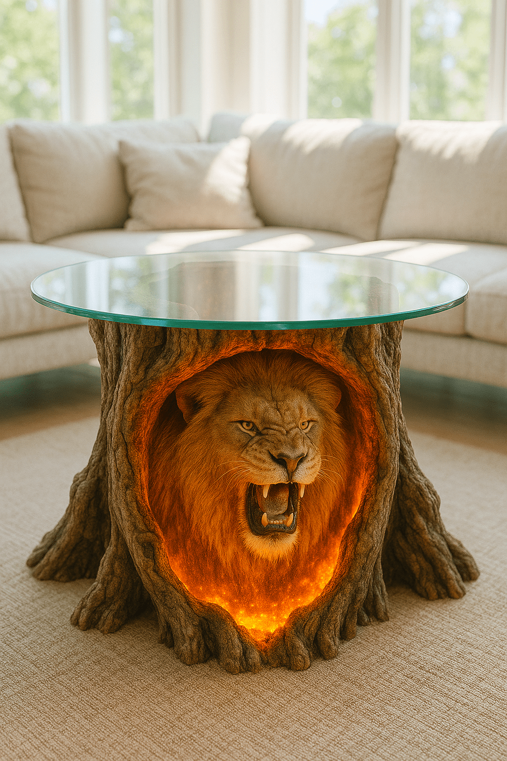 Glass coffee table featuring roaring lion design within tree-like base illuminated by warm light