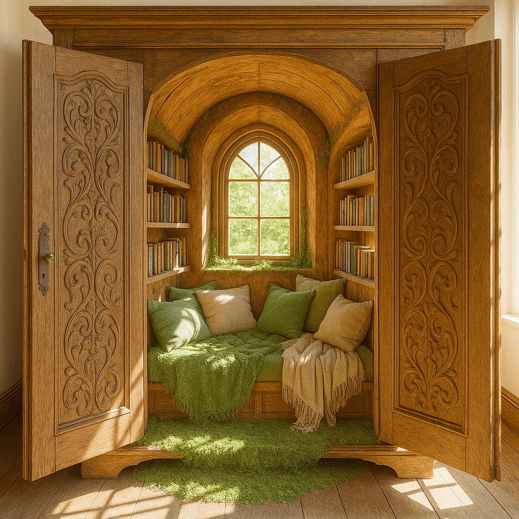 Rustic enchanted reading nook with moss green cushions, bookshelves, and arched window view.