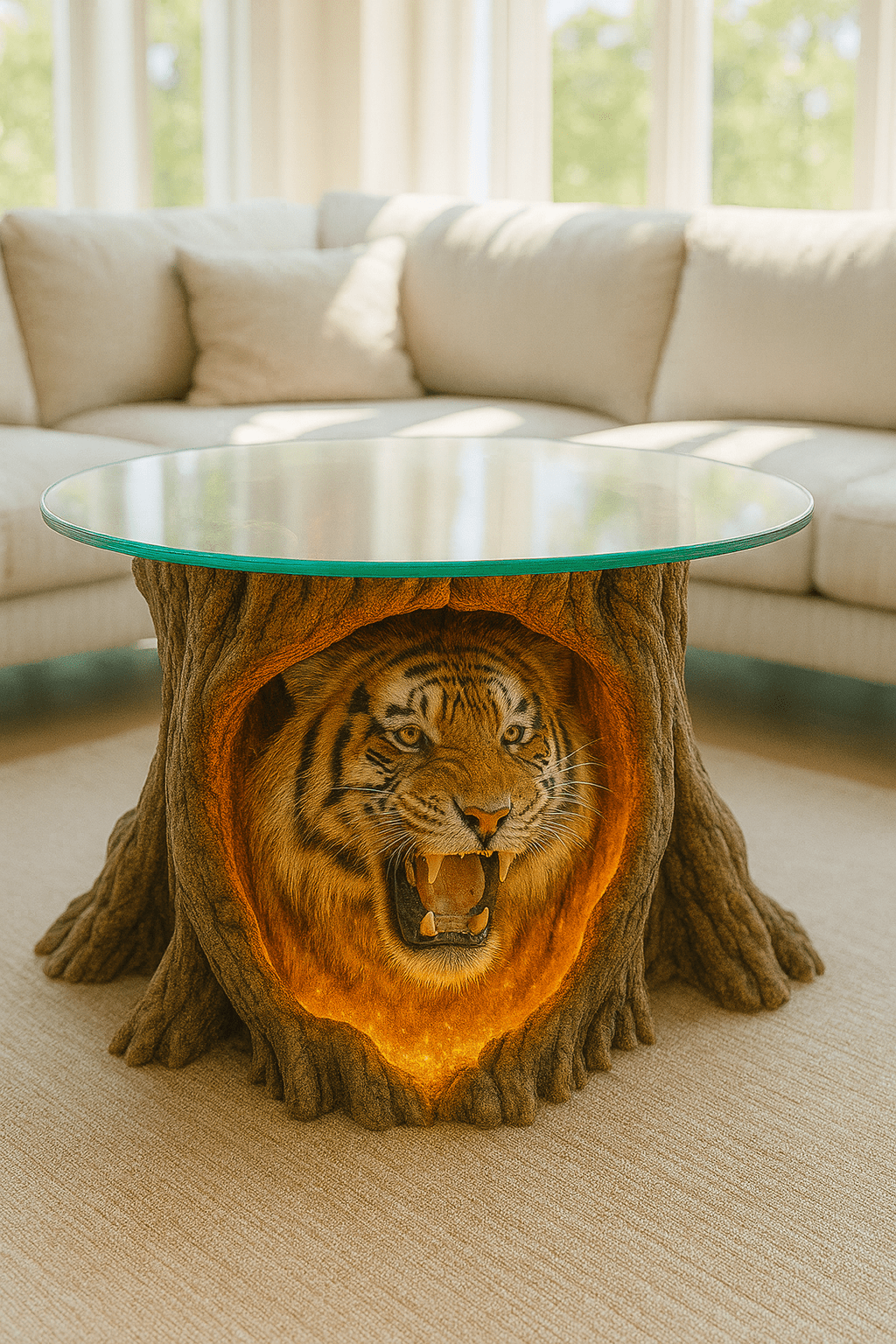 Round glass coffee table with sculpted tiger head base and glowing interior