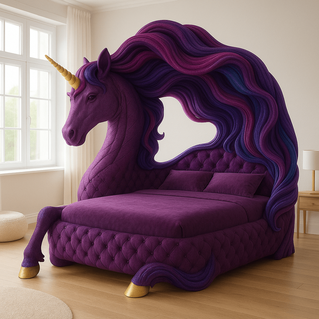 Luxury unicorn bed in deep purple with golden accents and midnight blue undertones