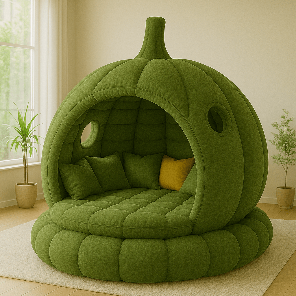 Vibrant green pumpkin-shaped bed with soft pillows in a bright living room