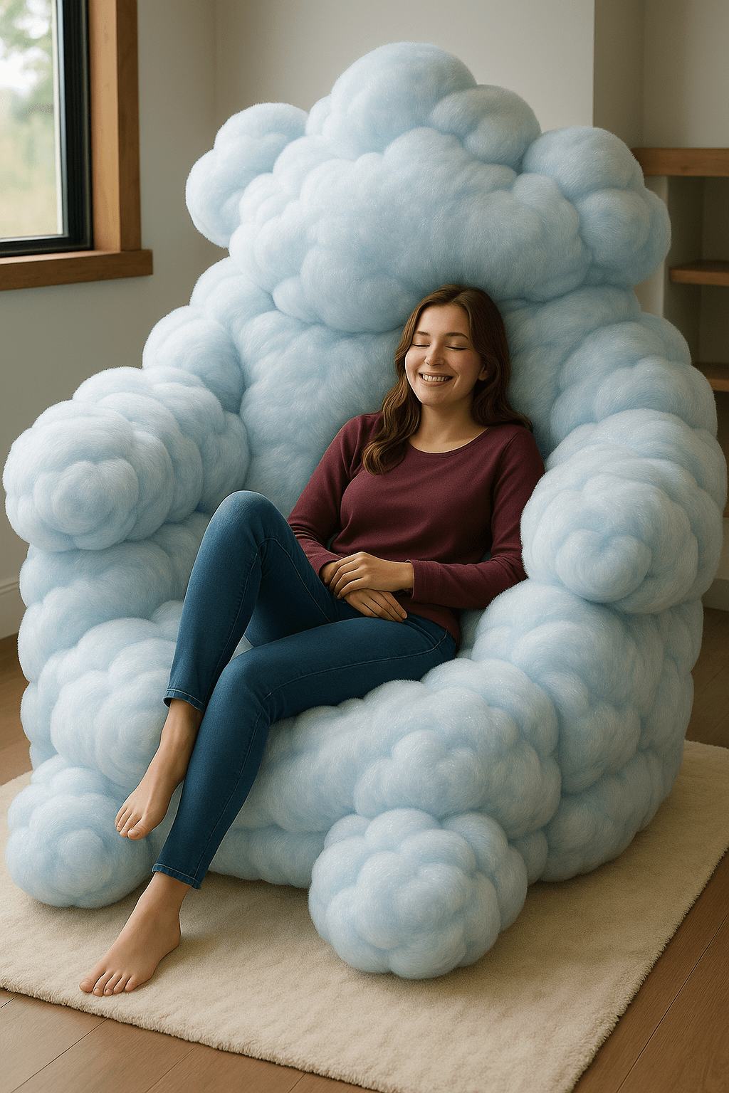 Woman sitting in a pastel blue cloud armchair shaped like fluffy clouds.