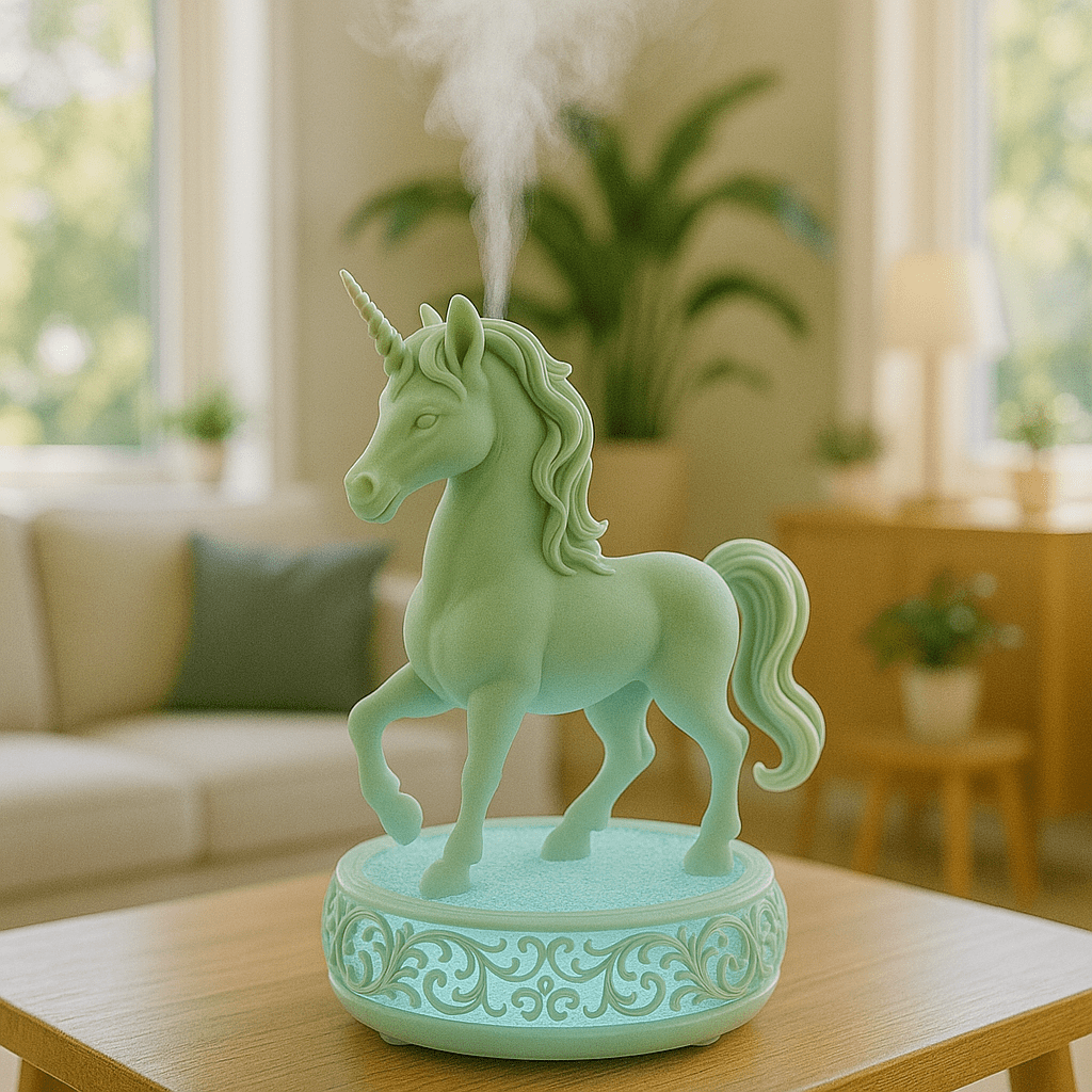 Green unicorn-shaped humidifier with glowing base emitting mist in a bright living space.