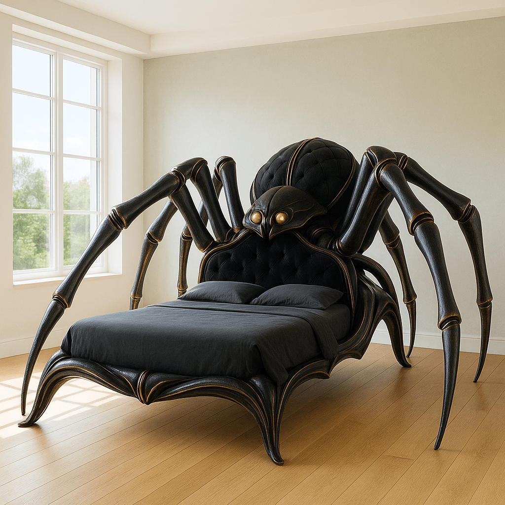 Gothic-inspired black spider bed with golden highlights and dramatic design