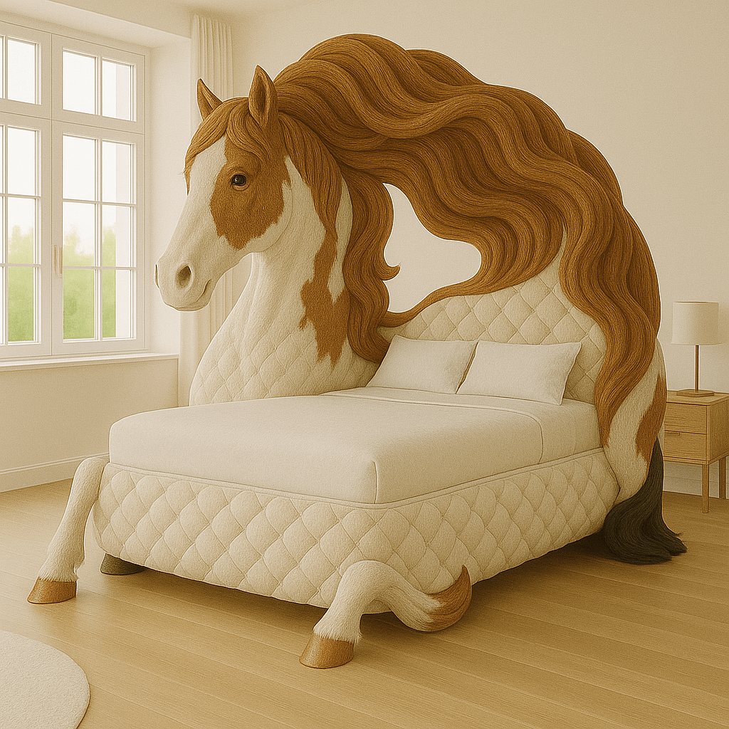Horse-shaped bed with chestnut mane and white patches, quilted fabric design in a modern bedroom.