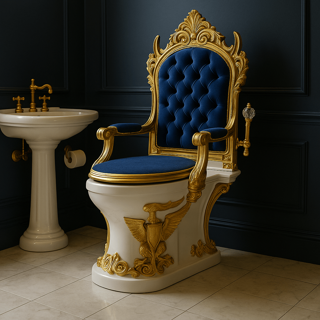 Luxury royal throne toilet featuring navy blue velvet seat and gold detailing in a stylish bathroom
