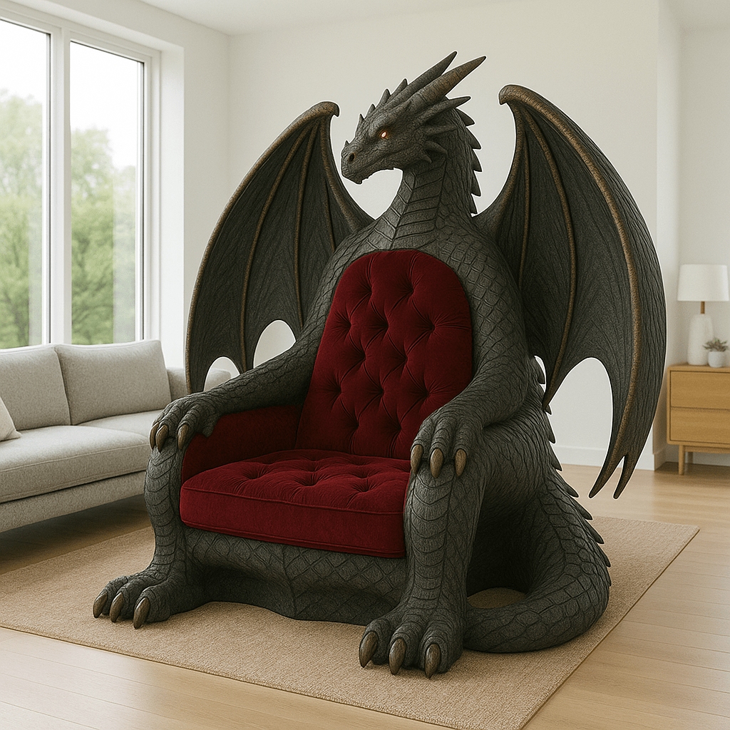 Fantasy dragon throne chair with deep red tufted upholstery and glowing eyes set against a minimalist living space.